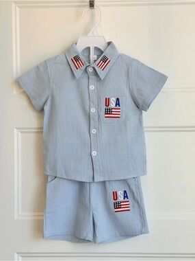 Toddler Light Blue USA Embroidered Button-Down Shirt & Short Set